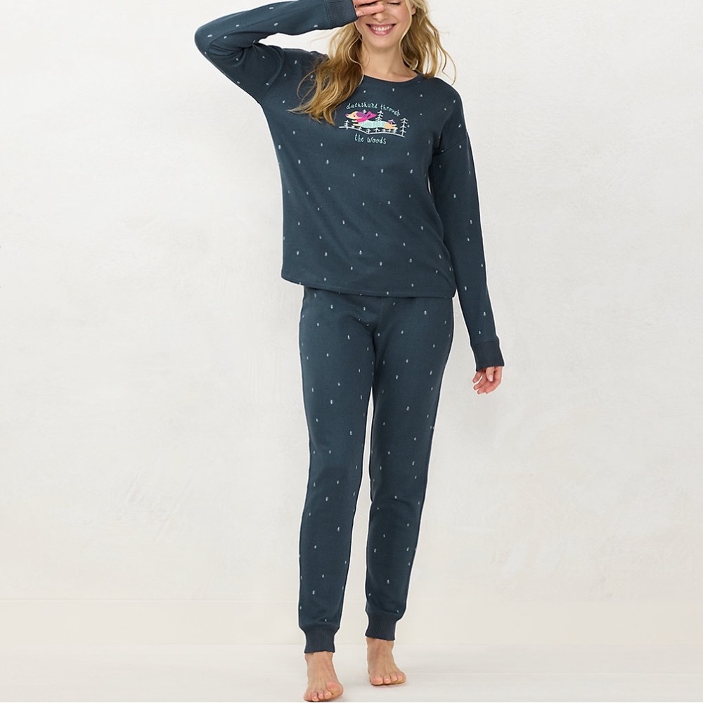 Lauren Conrad Jogger 2 Piece Pajama Set Size Small Long Blue Dachshund